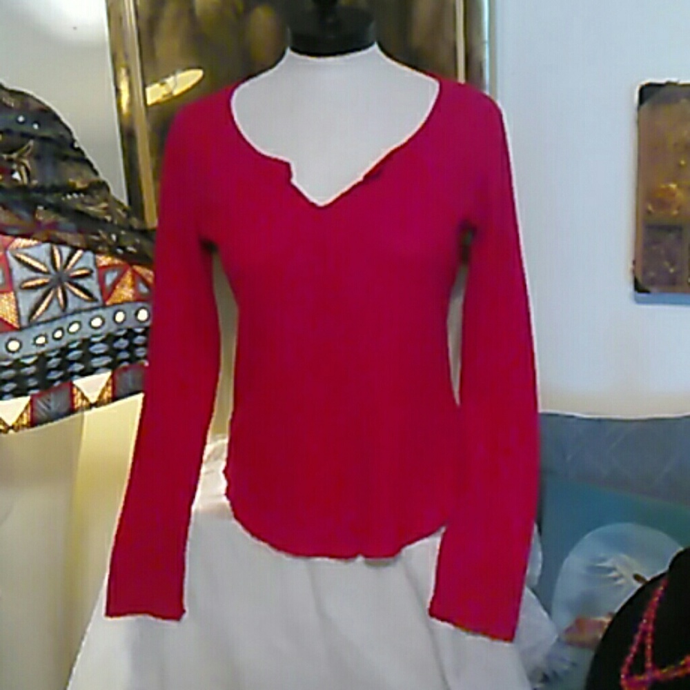 Womens AEROPOSTALE RED Shirt Knit lightweight B10 long sleeve tight fit stretchy